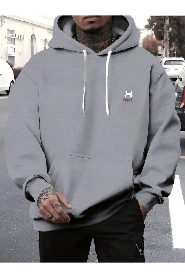 Unisex Oversize Kapüşonlu Sweatshirt Sport Logo Desenli - Gri