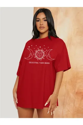 Oversize Tshirt Güneş Ay Baskılı - Kırmızı - görsel 1