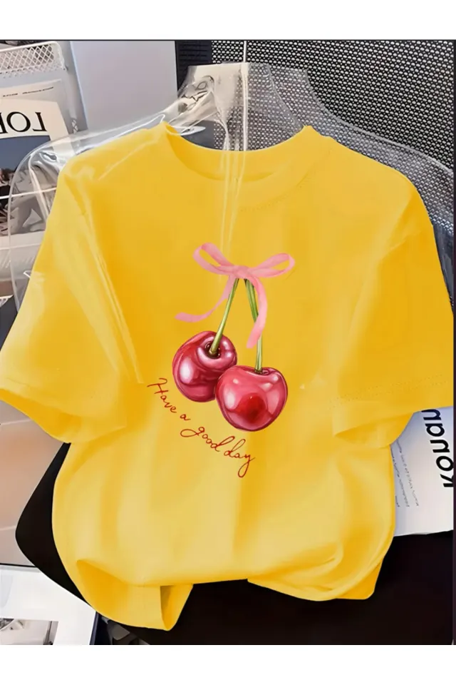 Özel Baskılı Oversize Bisiklet Yaka T-Shirt - Sarı