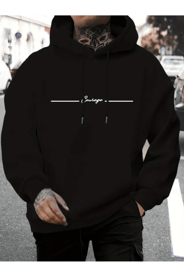 Unisex Oversize Kapüşonlu Sweatshirt Courage Yazılı - Siyah