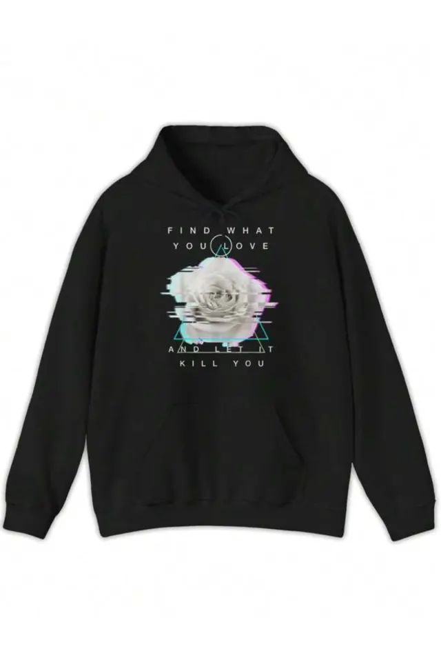 Glitch Gül Baskılı Unisex Kapüşonlu Sweatshirt - Siyah