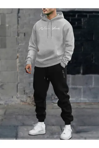 Unisex Oversize New York Lettering Hoodie & Jogger Tracksuit - Grey - image 1