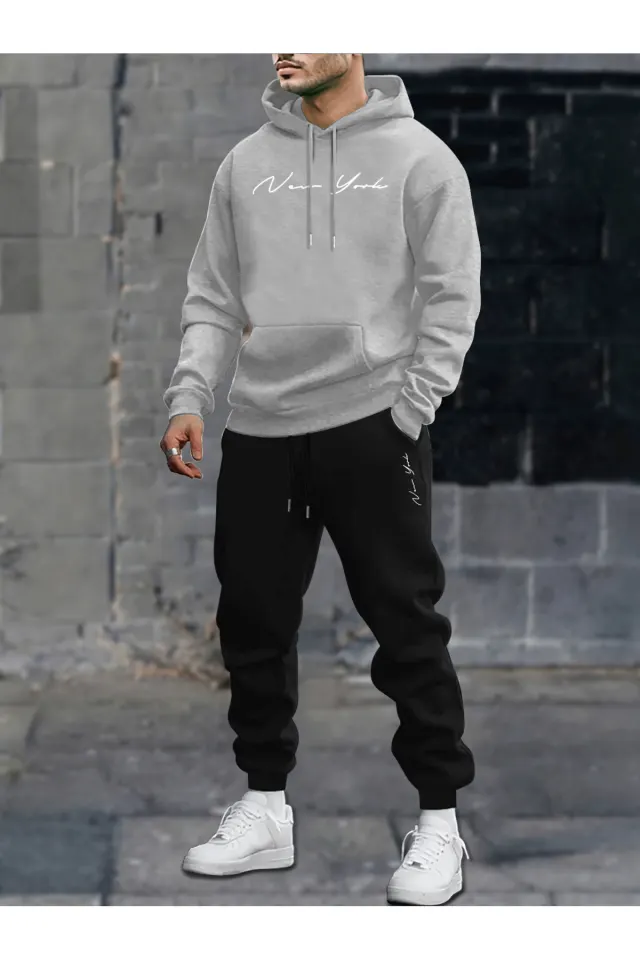 Unisex Oversize New York Yazılı Hoodie & Jogger Eşofman Altı Takımı - Gri