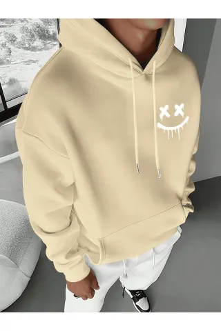 Unisex Oversize Kapüşonlu Sweatshirt Smile Face Desenli - Bej - görsel 1