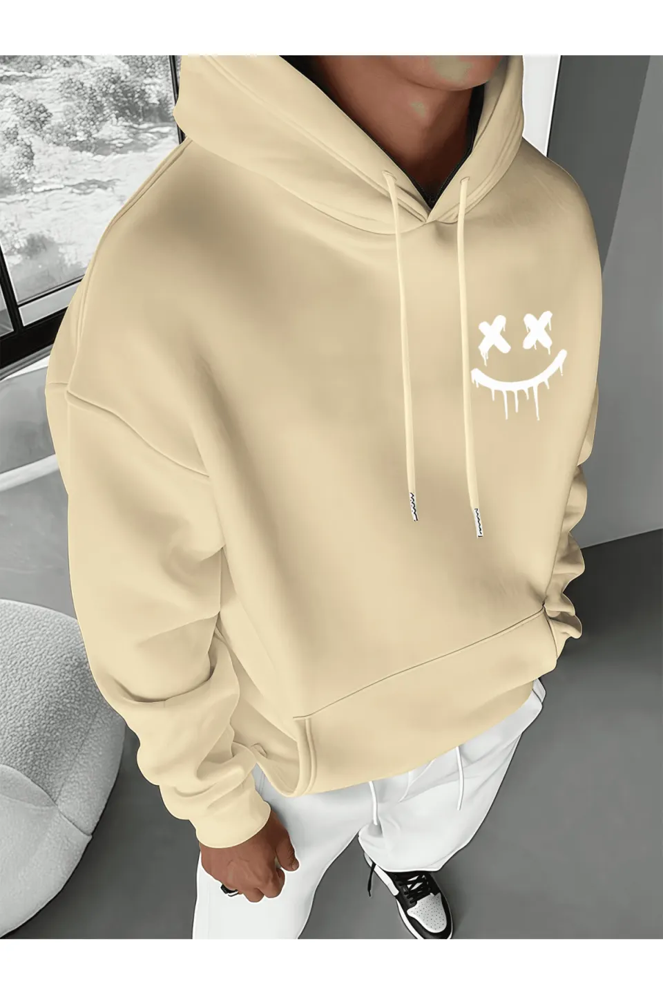 Unisex Oversize Kapüşonlu Sweatshirt Smile Face Desenli - Bej