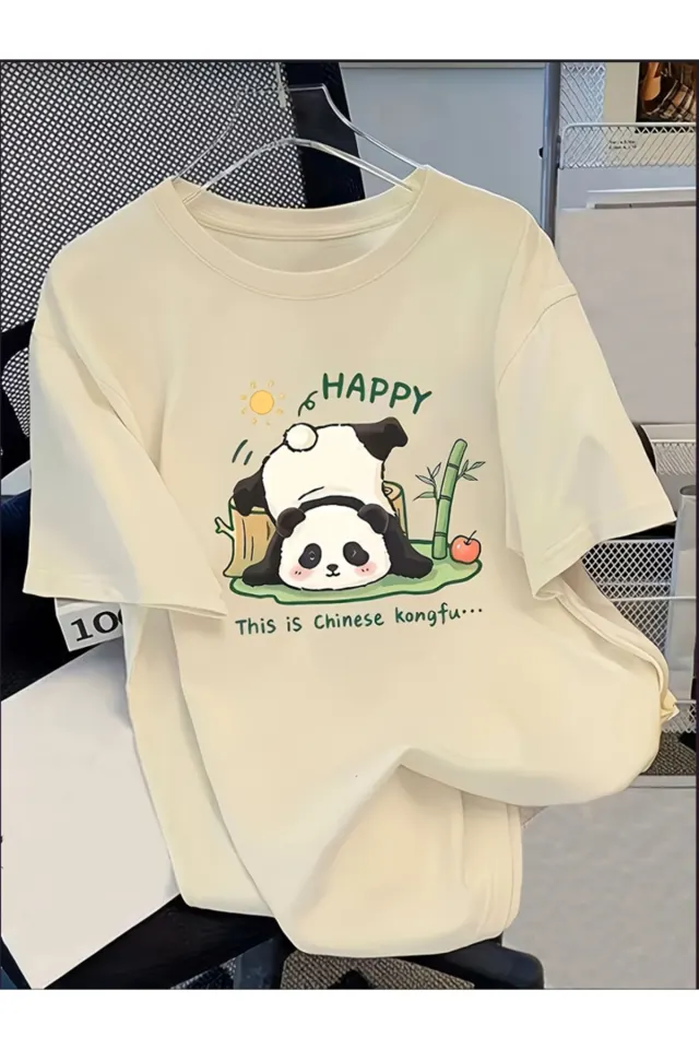 HAPPY Baskılı Oversize Bisiklet Yaka T-Shirt - Bej