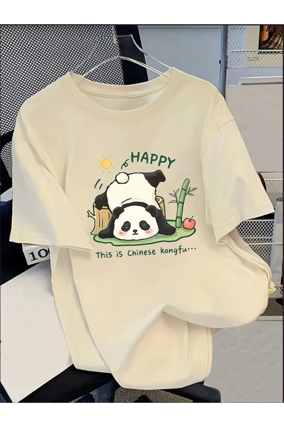 تيشيرت أوفرسايز بياقة دائرية بطبعة HAPPY - بيج