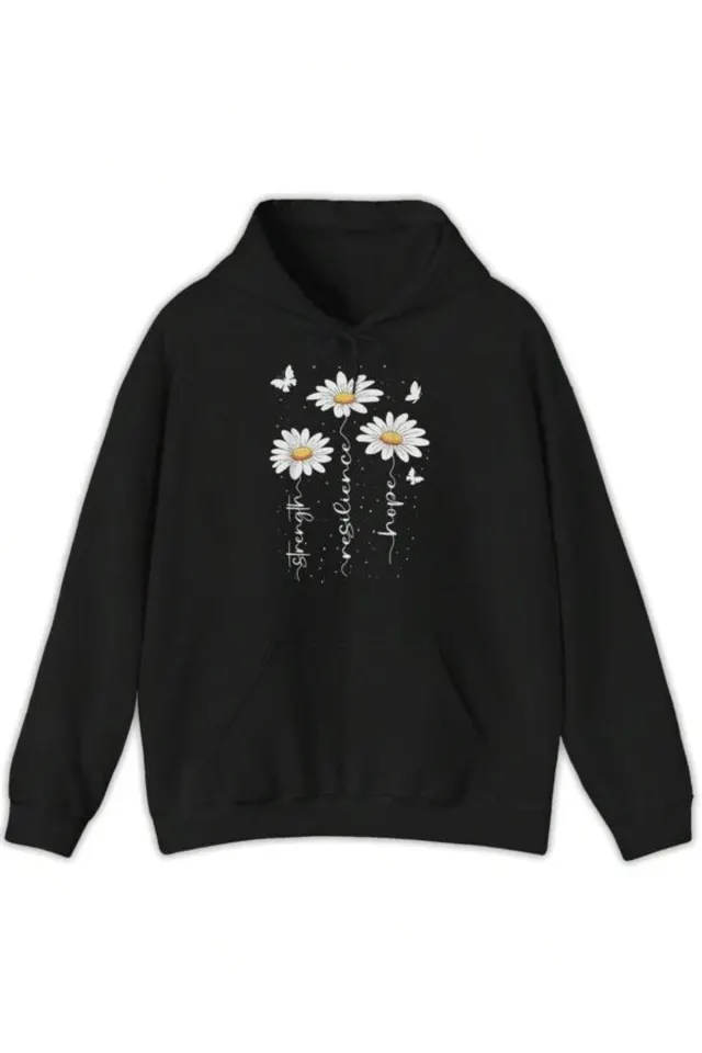 Papatya Baskılı Unisex Kapüşonlu Sweatshirt - Siyah
