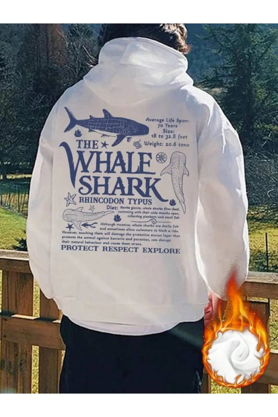 Whale Shark Baskılı Unisex Hoodie - Beyaz