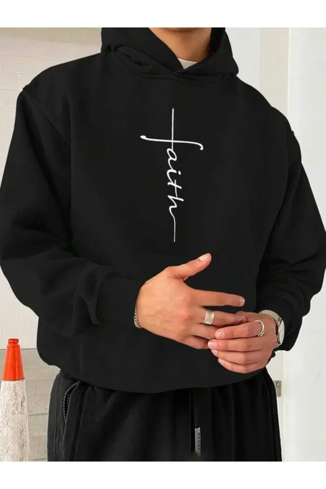 Faith Yazılı Minimal Unisex Hoodie - Siyah