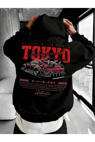 Tokyo Car Print Unisex Hooded Sweatshirt - Black - image 1