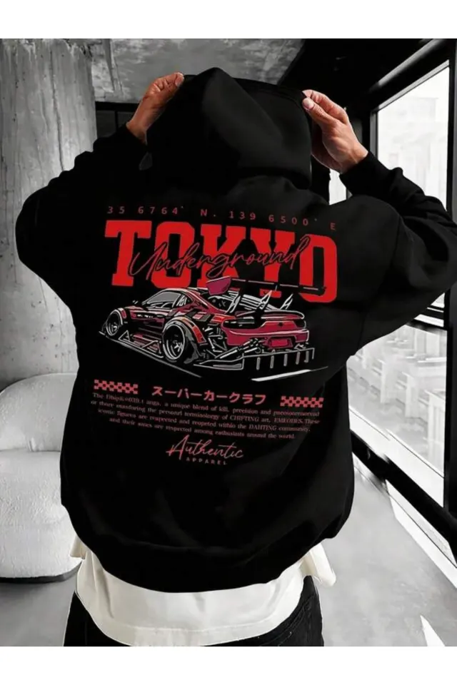 Tokyo Araba Baskılı Unisex Kapüşonlu Sweatshirt - Siyah