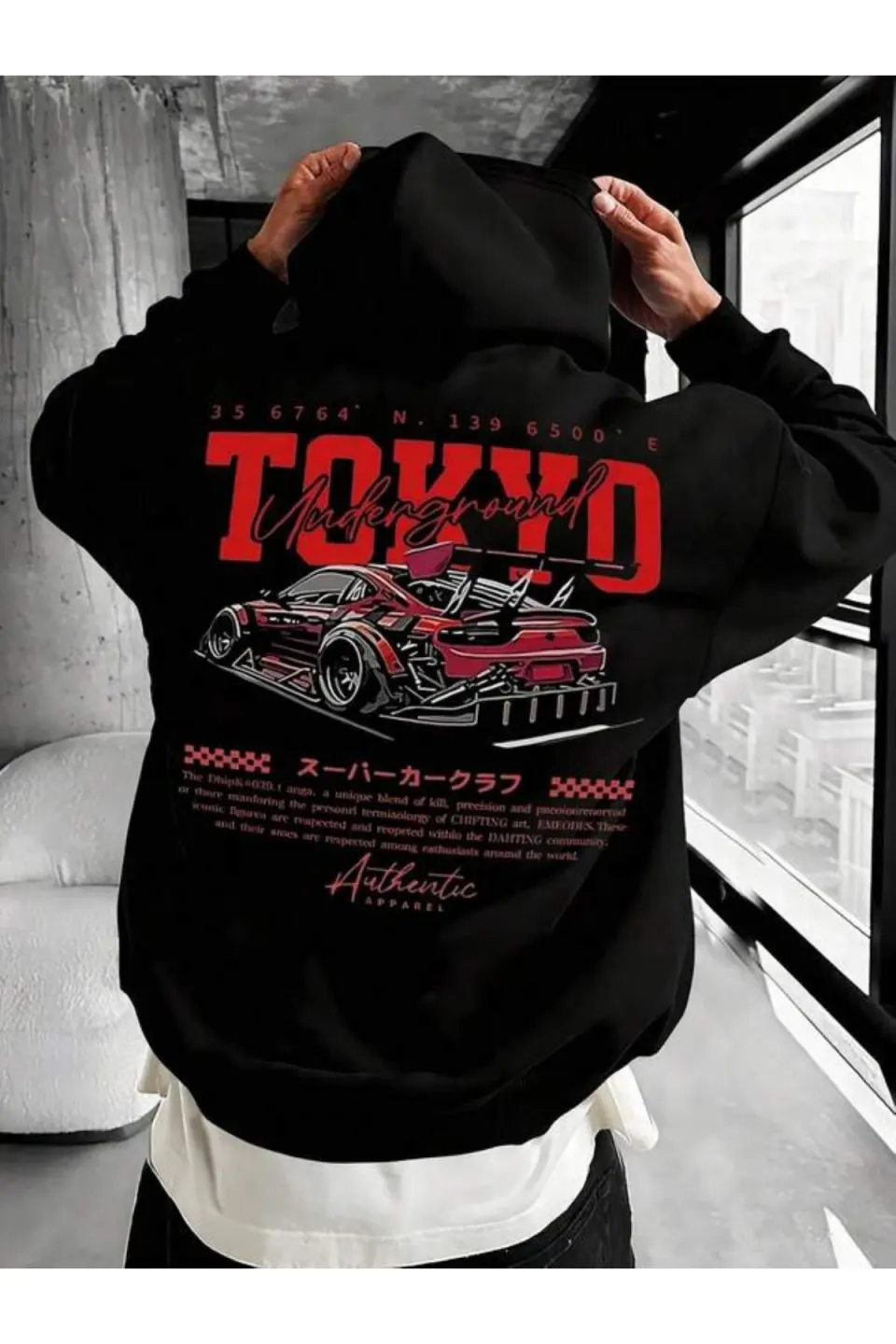 Tokyo Car Print Unisex Hooded Sweatshirt - Black