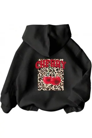 Vişne Leopar Baskılı Unisex Kapüşonlu Sweatshirt - Siyah - görsel 1