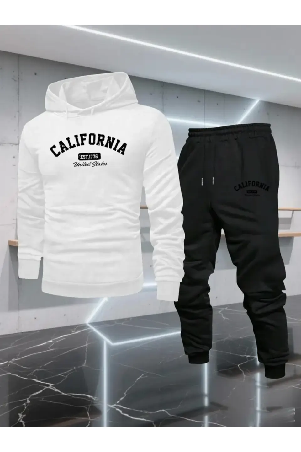 California Print Hooded Fleece Unisex Tracksuit - White