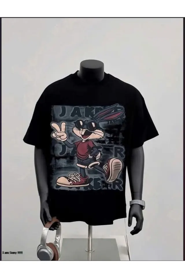 Unisex Oversize Baskılı Pamuklu Bisiklet Yaka Kısa Kollu T-shirt - Siyah