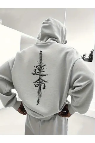 Katana Print Unisex Oversize Hooded Sweatshirt Hoodie - Grey - image 1