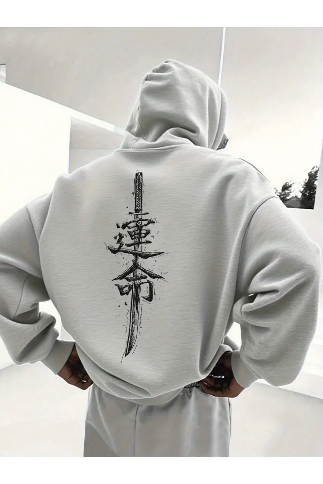 Katana Baskılı Unisex Siyah Oversize Kapüşonlu Sweatshirt Hoodie - Gri