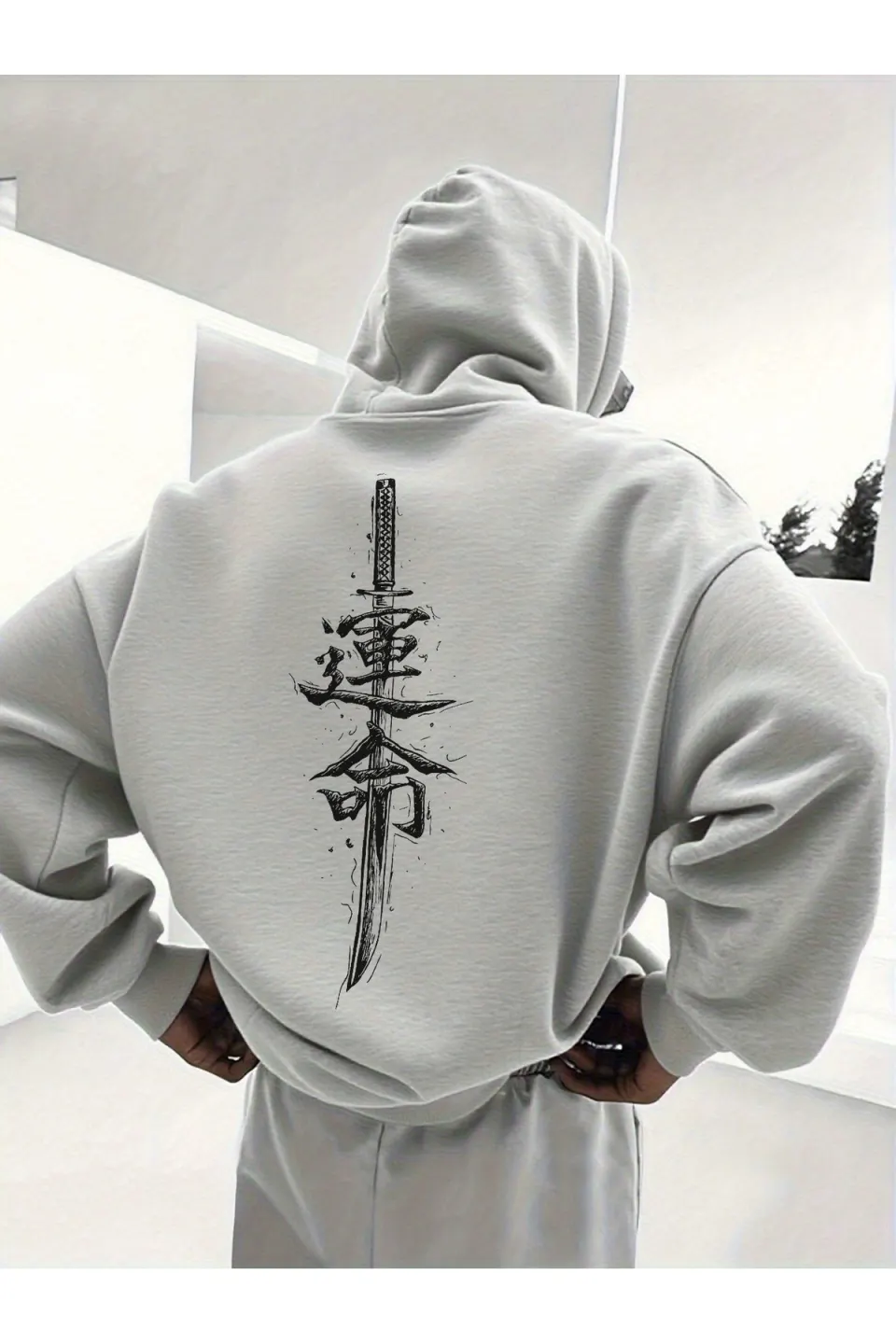 Katana Print Unisex Oversize Hooded Sweatshirt Hoodie - Grey