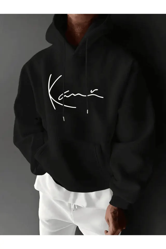 Unisex Oversize Kapüşonlu Sweatshirt Kame Yazılı - Siyah