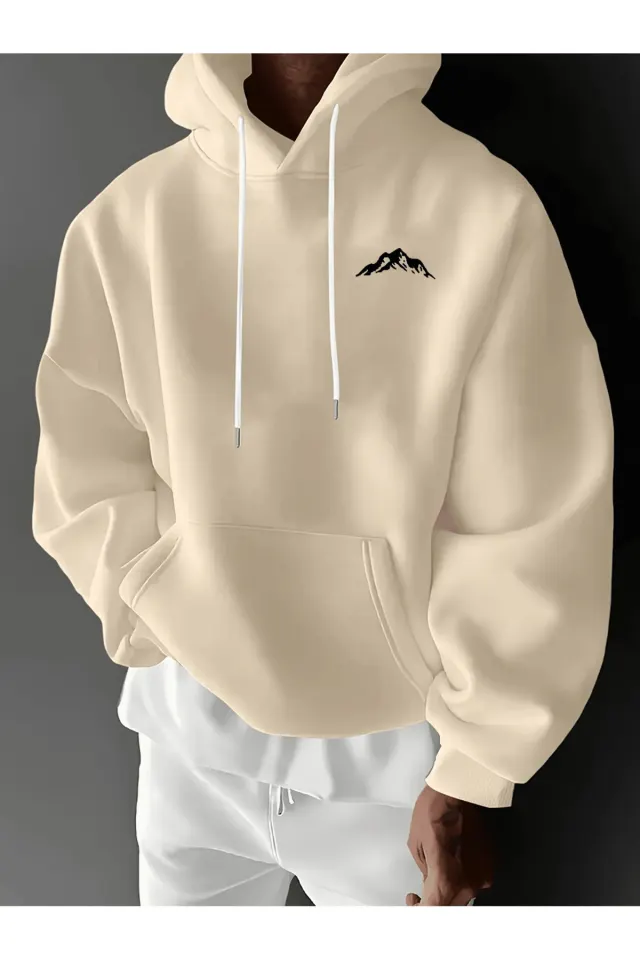 Unisex Oversize Kapüşonlu Sweatshirt Dağ Desenli - Bej