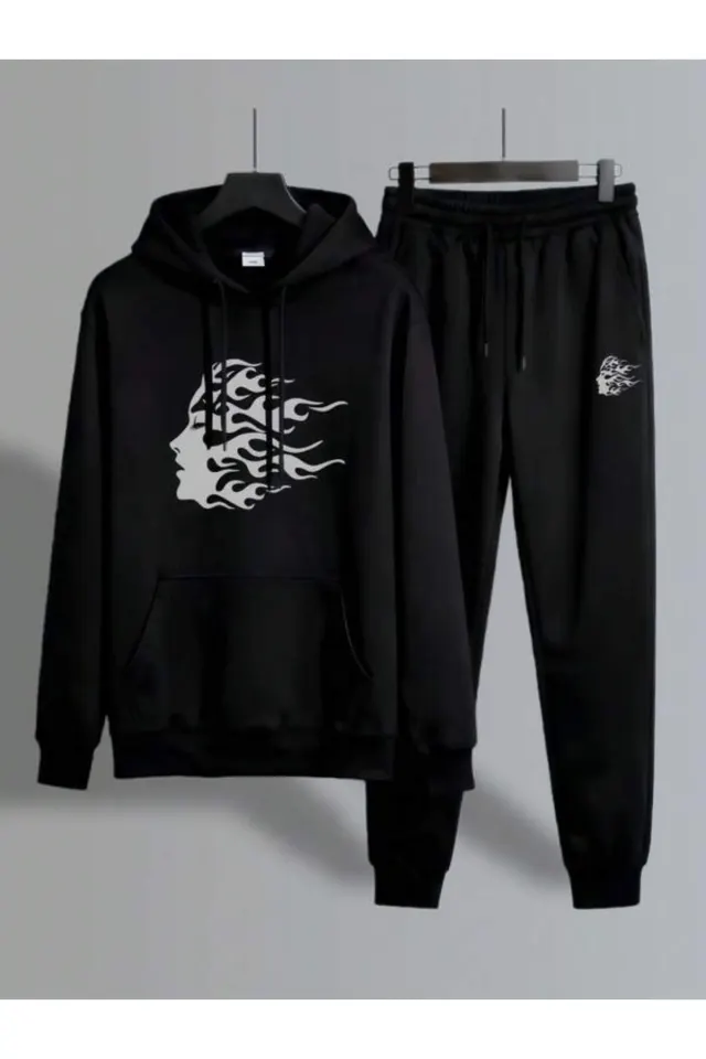 Alev Siluet Baskılı Unisex Eşofman Takımı - Siyah