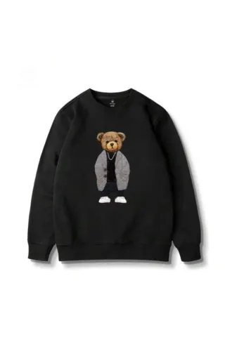 Ayıcılı Baskılı Unisex Sweatshirt - Siyah - görsel 1