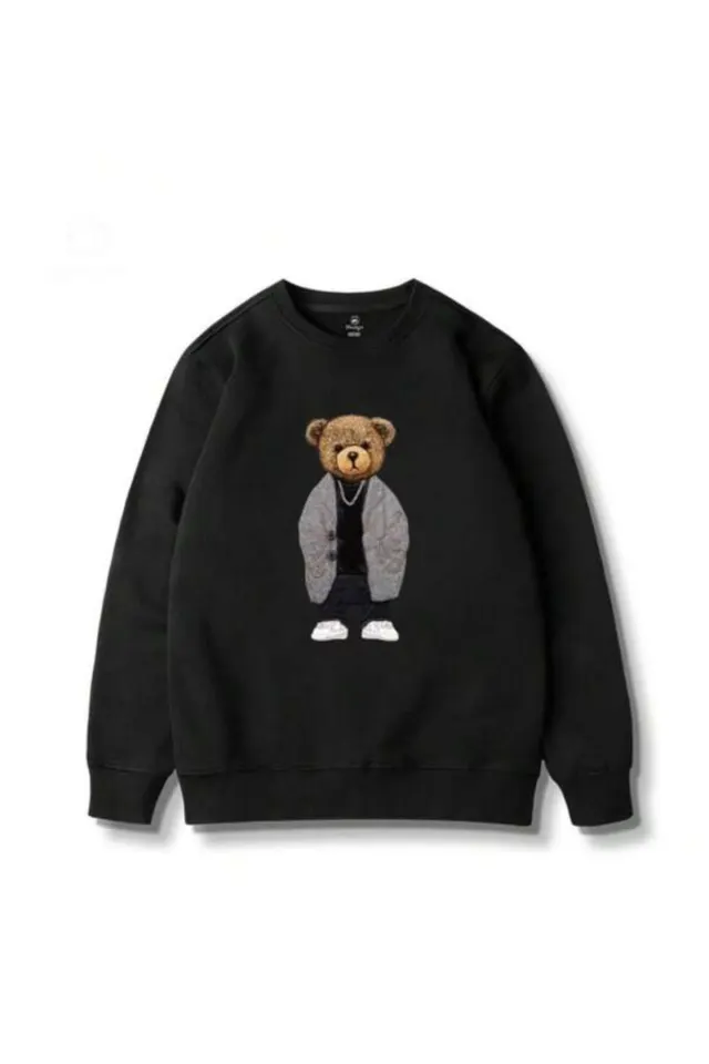 Ayıcılı Baskılı Unisex Sweatshirt - Siyah
