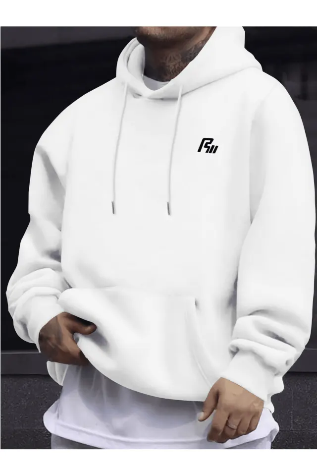 Unisex Oversize Kapüşonlu Sweatshirt Minimal Logo Desenli - Beyaz