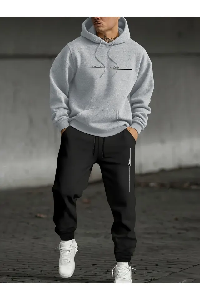 Unisex Oversize Kapüşonlu Hoodie & Jogger Eşofman Altı Takımı Yazılı Desenli - Gri