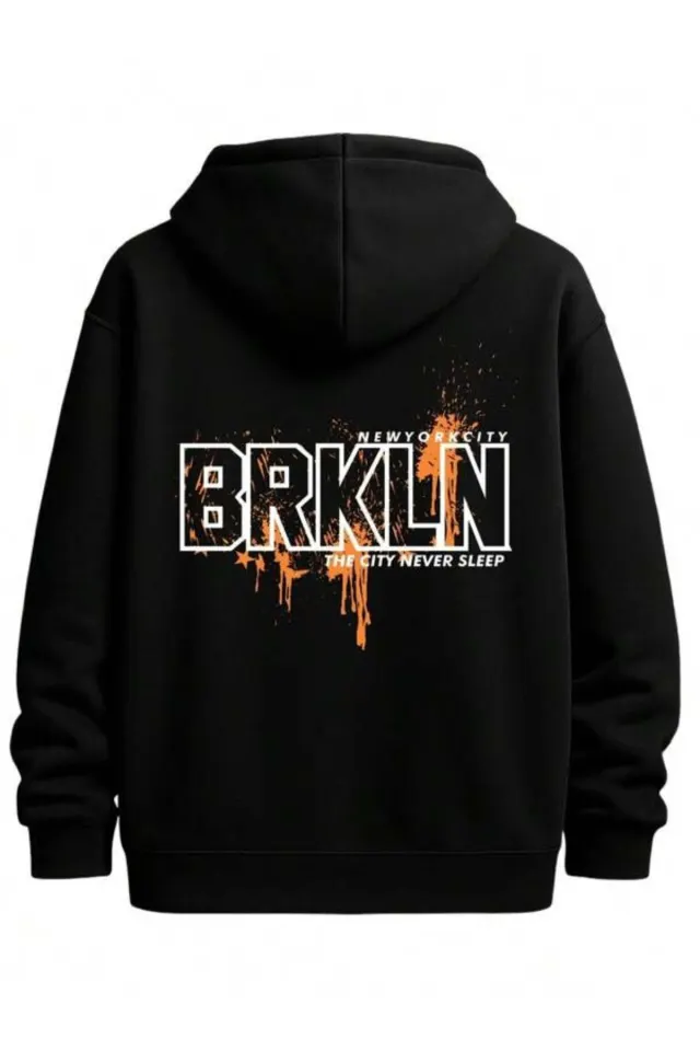 Brooklyn Baskılı Unisex Kapüşonlu Sweatshirt - Siyah