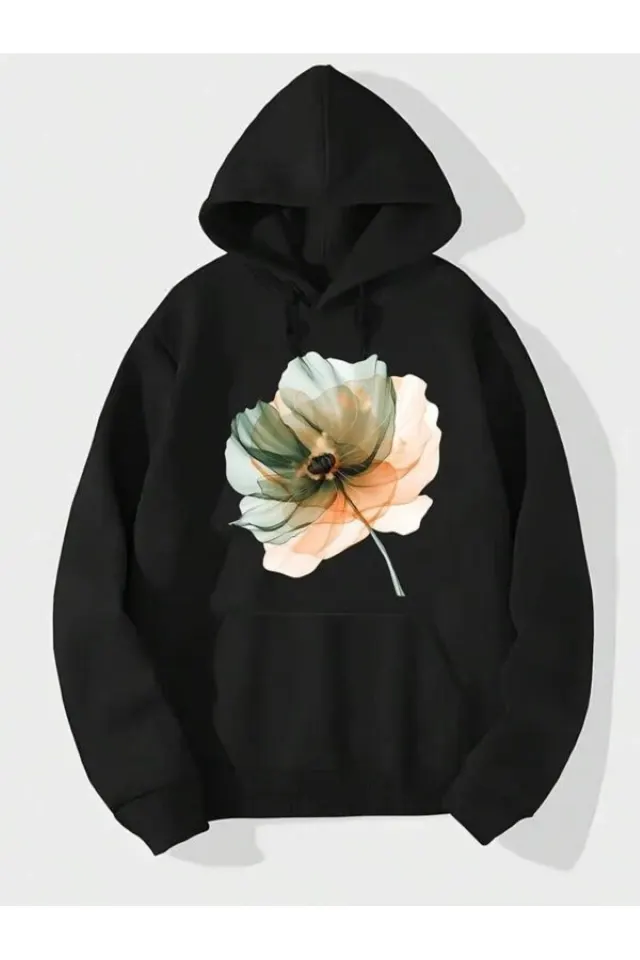 Çiçek Baskılı Unisex Kapüşonlu Sweatshirt - Siyah