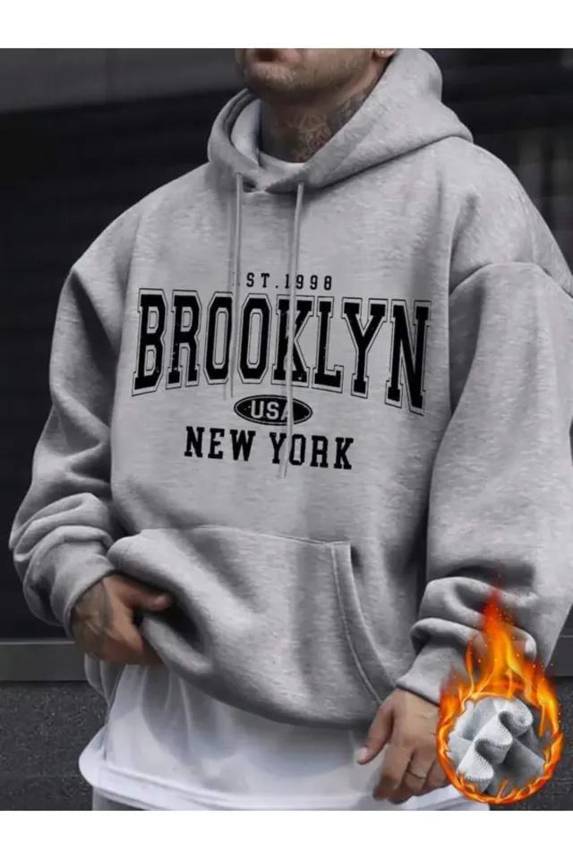 Brooklyn USA New York Baskılı Unisex Hoodie - Gri