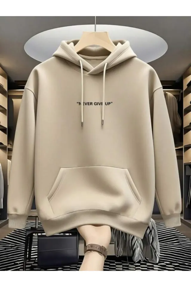 Minimal Never Give Up Baskılı Unisex Hoodie - Bej