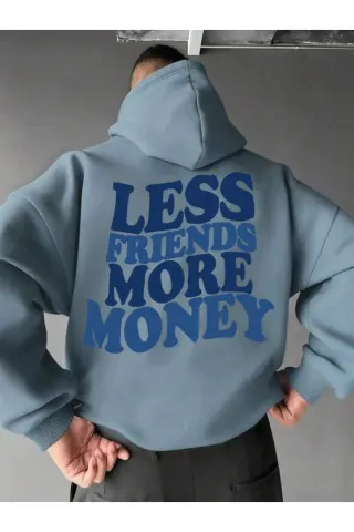 سويت شيرت بقبعة للجنسين بكتابة Less Friends More Money - أزرق - الصورة 1