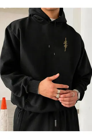 Katana Baskılı Unisex Siyah Oversize Kapüşonlu Sweatshirt Hoodie - Siyah - görsel 2