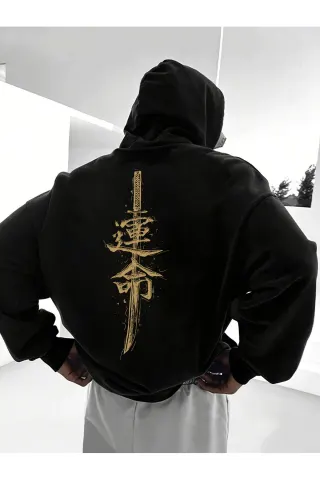 Katana Baskılı Unisex Siyah Oversize Kapüşonlu Sweatshirt Hoodie - Siyah - görsel 1
