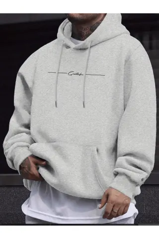Unisex Oversize Hooded Sweatshirt with Grateful Lettering - Grey - image 1