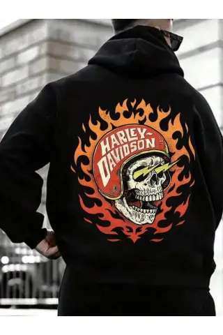 Alevli Kafatası Baskılı Unisex Kapüşonlu Sweatshirt - Siyah - görsel 1