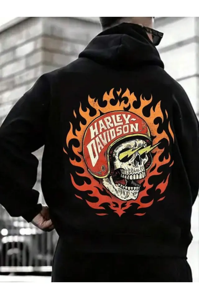 Alevli Kafatası Baskılı Unisex Kapüşonlu Sweatshirt - Siyah