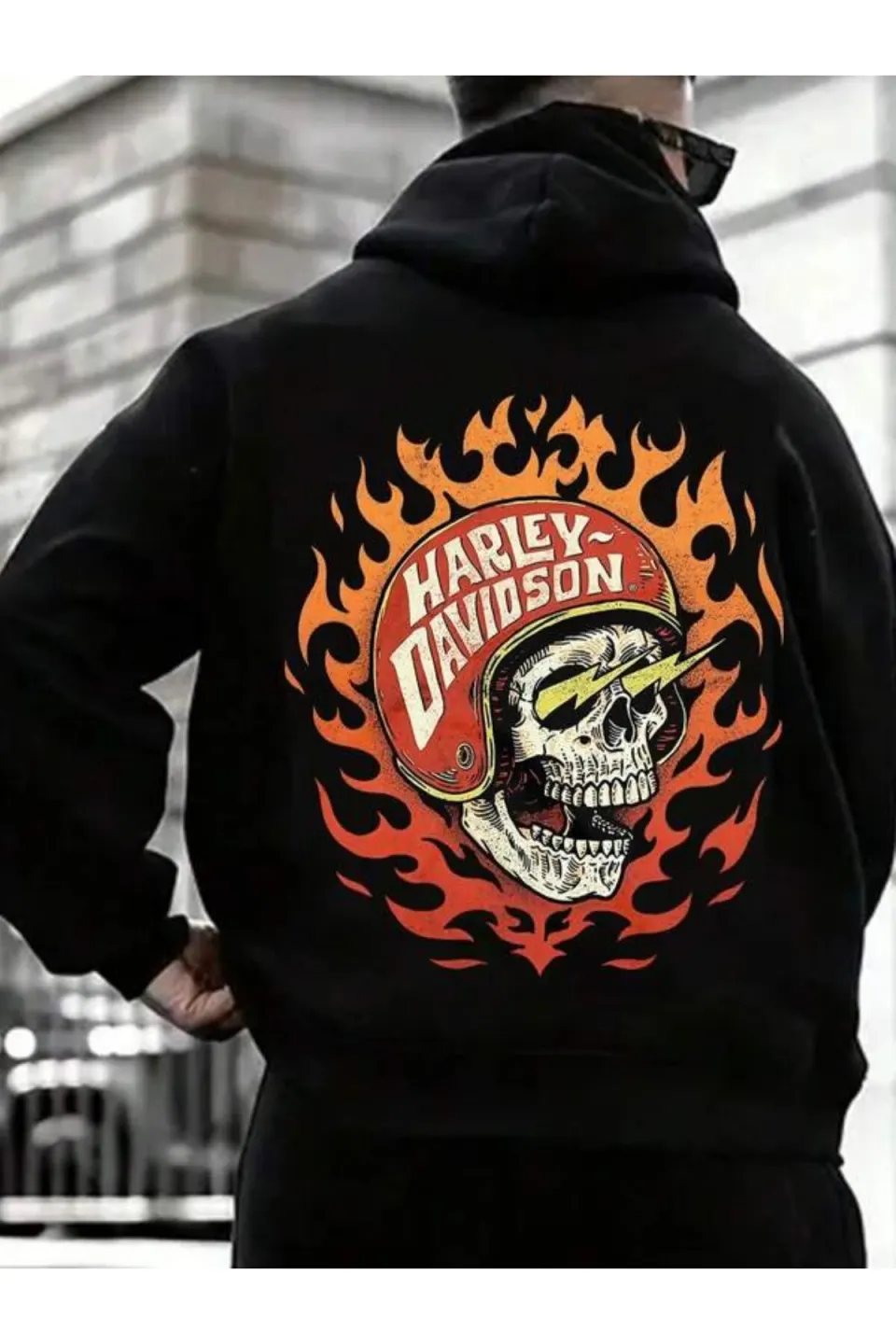Alevli Kafatası Baskılı Unisex Kapüşonlu Sweatshirt - Siyah