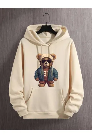 Teddy Bear Print Unisex Hooded Sweatshirt - Beige - image 1