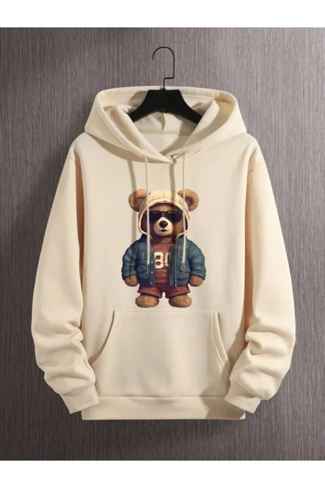 Ayıcılı Baskılı Unisex Kapüşonlu Sweatshirt - Bej