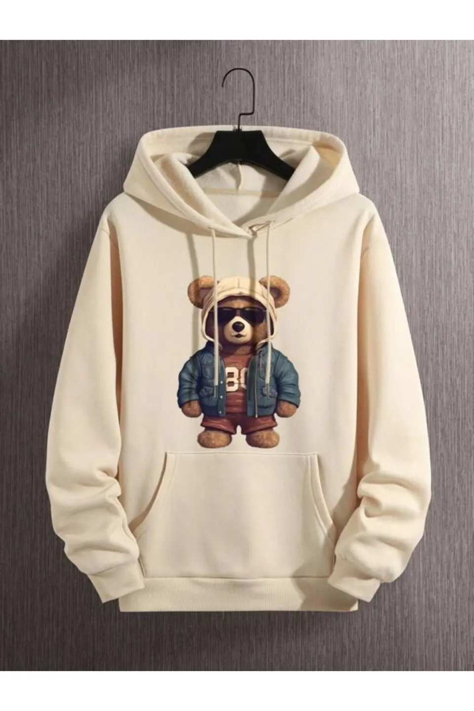 Teddy Bear Print Unisex Hooded Sweatshirt - Beige