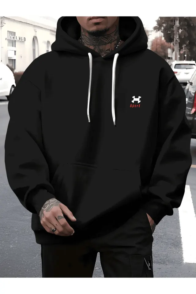 Unisex Oversize Kapüşonlu Sweatshirt Sport Logo Desenli - Siyah