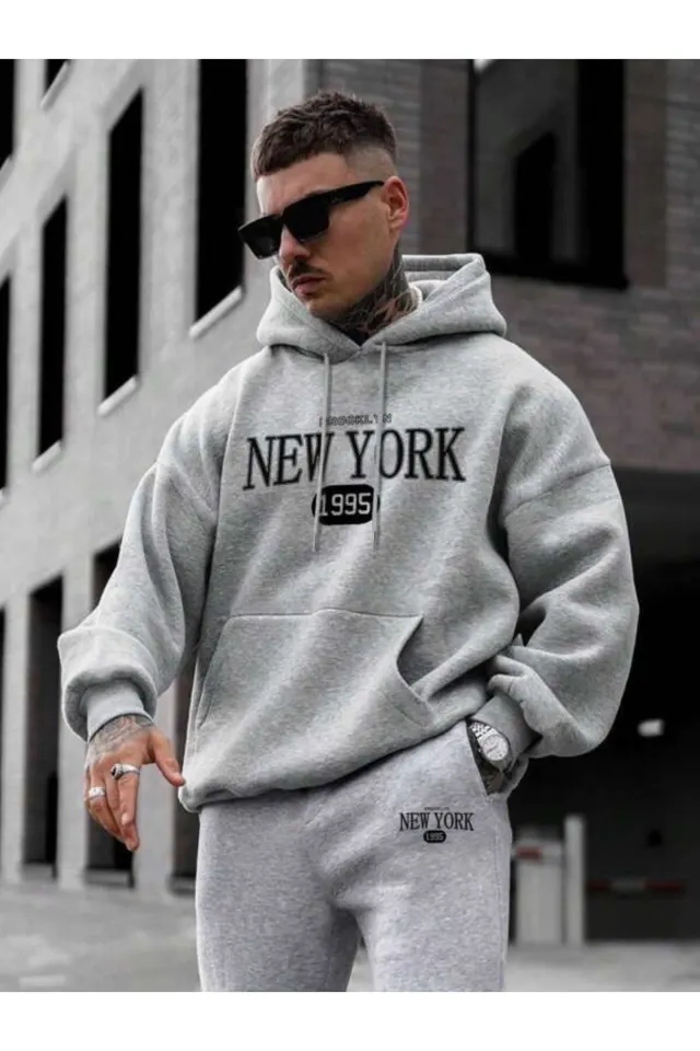 New York 1995 Baskılı Unisex Eşofman Takımı - Gri