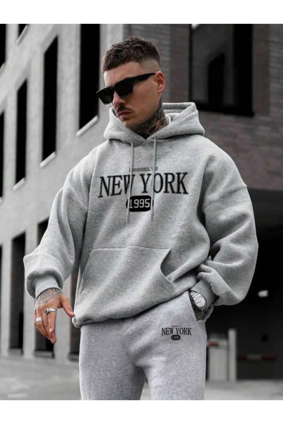 New York 1995 Baskılı Unisex Eşofman Takımı - Gri