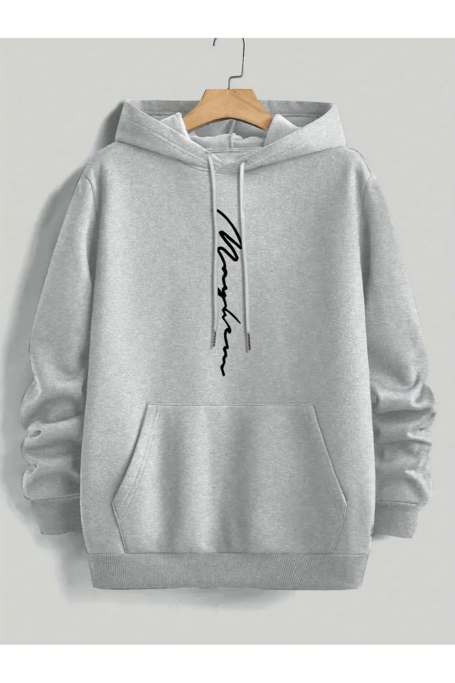 Unisex Oversize Kapüşonlu Sweatshirt Maybe Yazılı - Gri