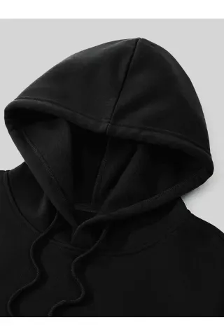 Unisex Oversize Kapüşonlu Sweatshirt Minimal Logo Desenli - Siyah - görsel 2