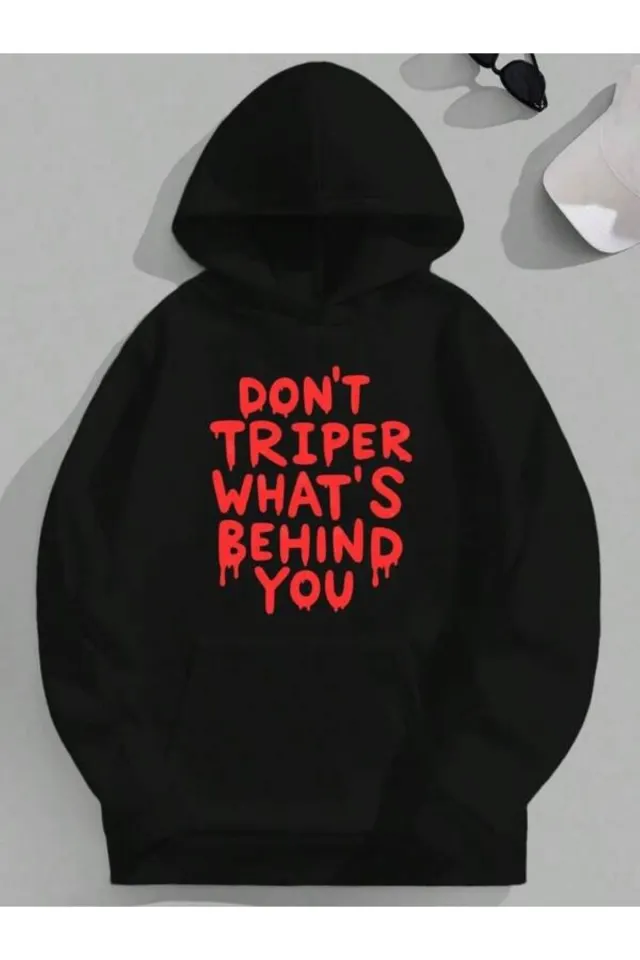 Korku Temalı Yazı Baskılı Unisex Kapüşonlu Sweatshirt - Siyah